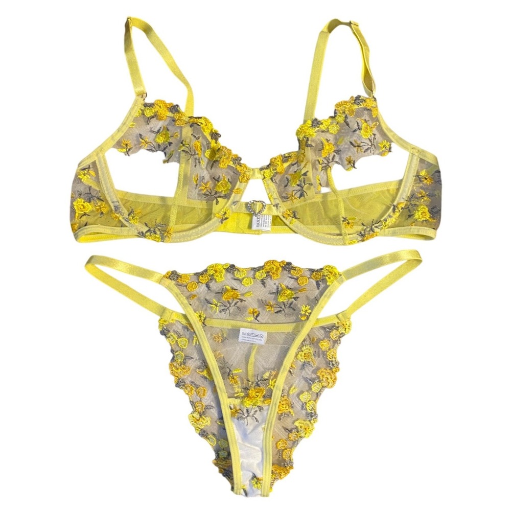 Butter Yellow Floral Embroidered Sheer Mesh Bra Thong‎ Lingerie Set Medium Fairy